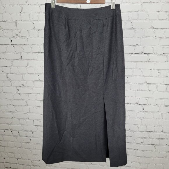 Carlisle Grey 100% Wool Lined Side Zip Buttoned Slit Midi Straight Skirt Size 4 - Picture 2 of 12